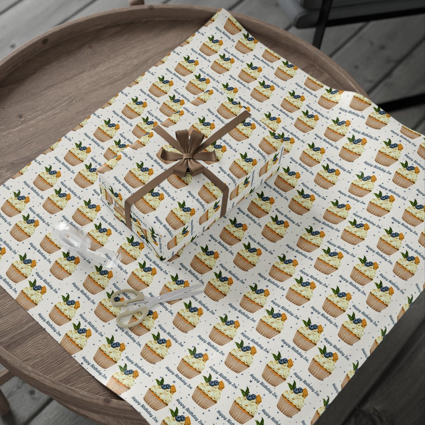 Personalized Blueberry Cupcake Birthday Wrapping Paper - Custom Name Gift Wrap