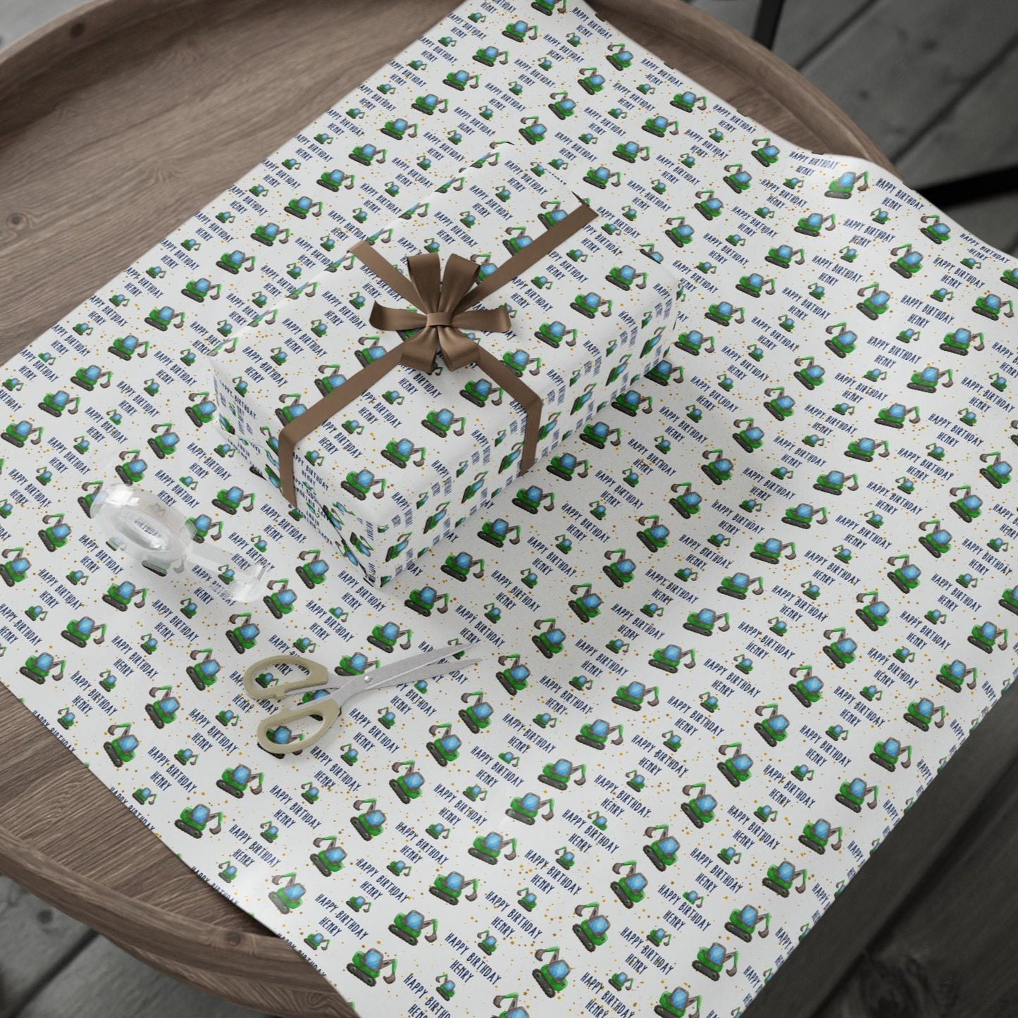 Personalized Construction Bulldozer Birthday Wrapping Paper - Custom Name Gift Wrap