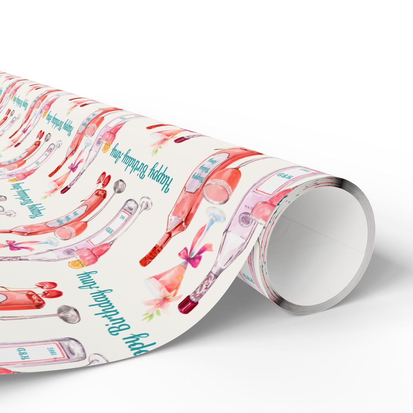 Personalized birthday pink cocktail wrapping paper with custom name rolled crease free