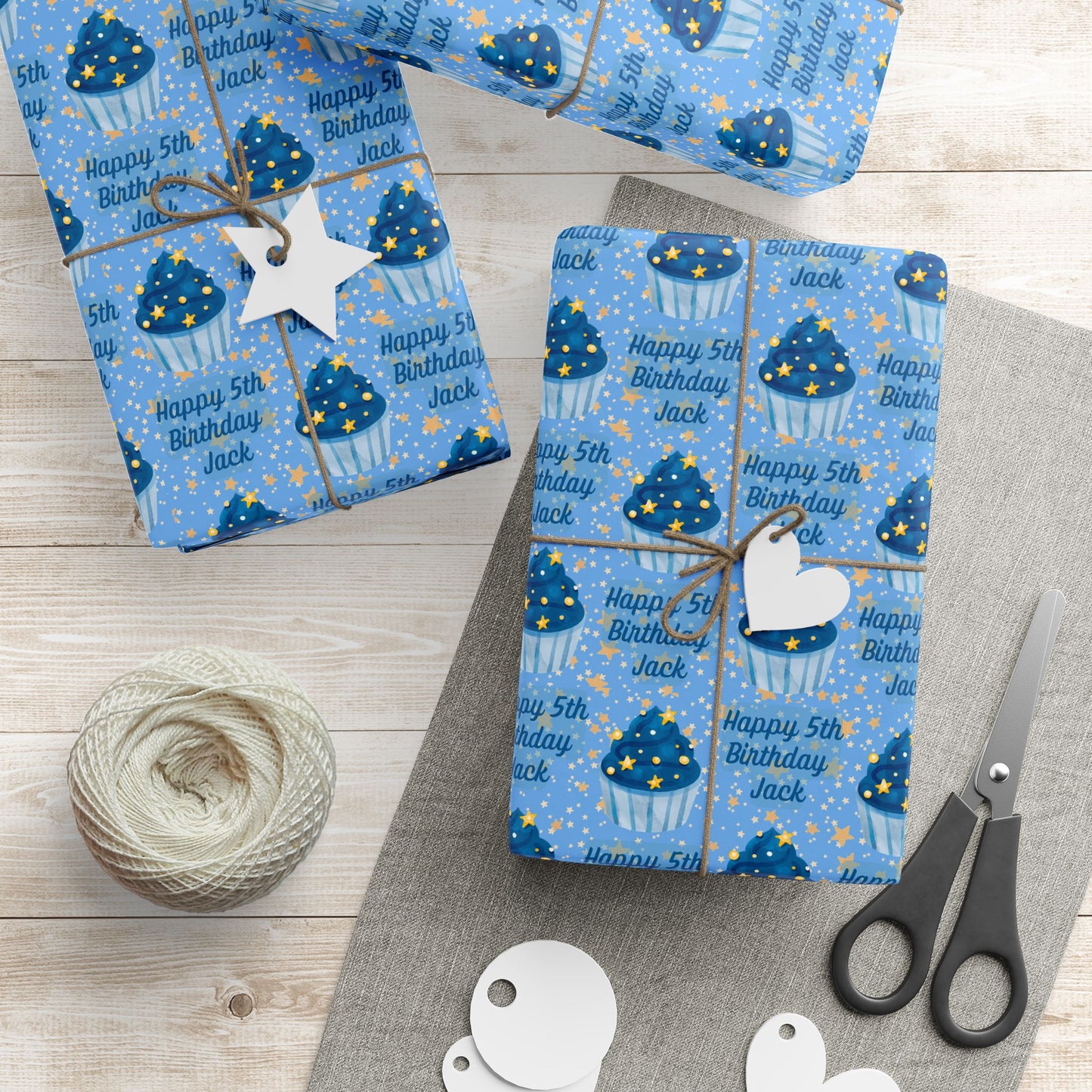 Personalized Blue Stars Cupcake Birthday Wrapping Paper - Custom Name Gift Wrap