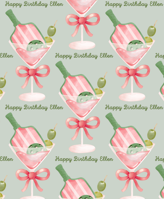 Personalized birthday pickleball martini wrapping paper with custom name detailed view
