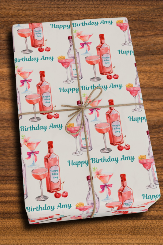 Personalized birthday pink cocktail wrapping paper with custom name