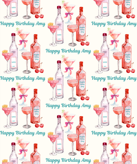 Personalized birthday pink cocktail wrapping paper with custom name detailed view